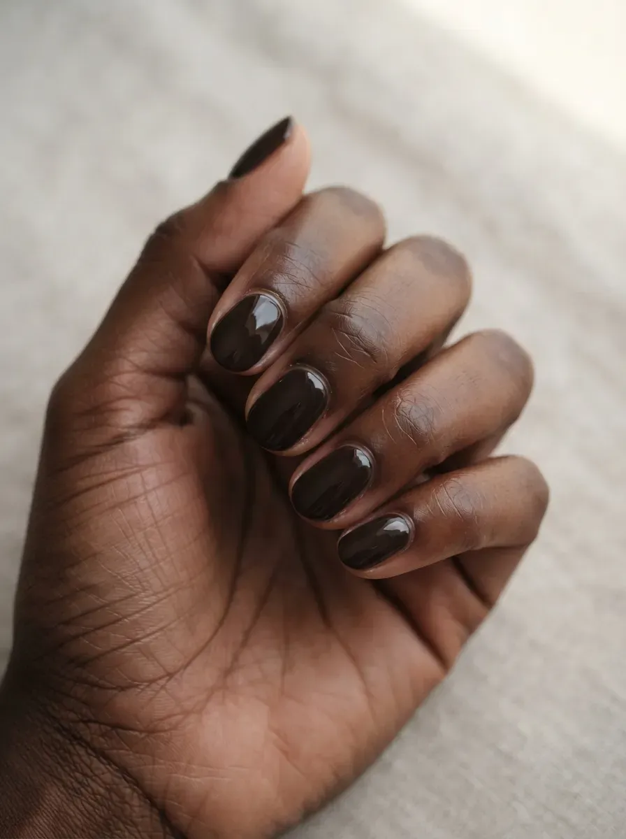 Close up of short oval nails with espresso brown glossy polish on rich dark skin