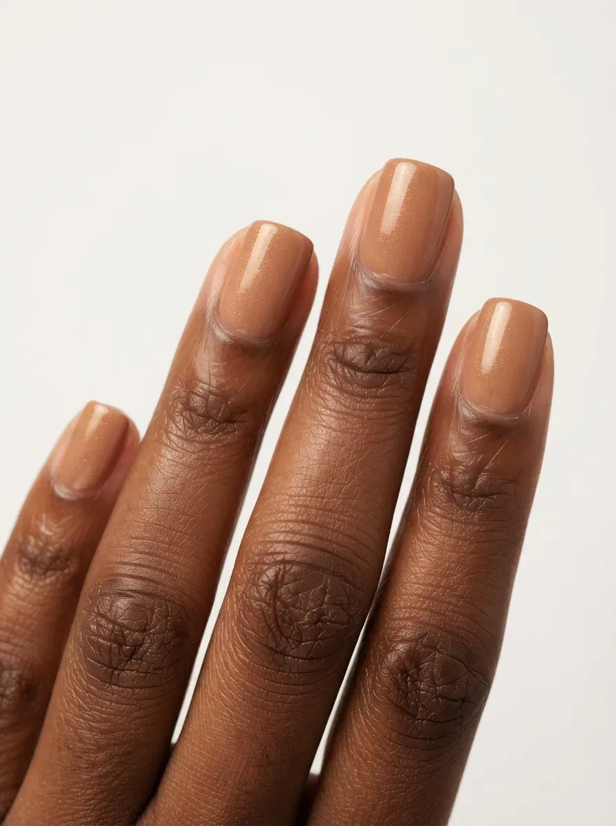 Close up of short squoval nude nails with faint gold shimmer on deep brown skin