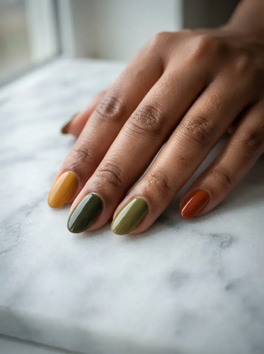 Close-up of oval nails in rust olive mustard fall tones