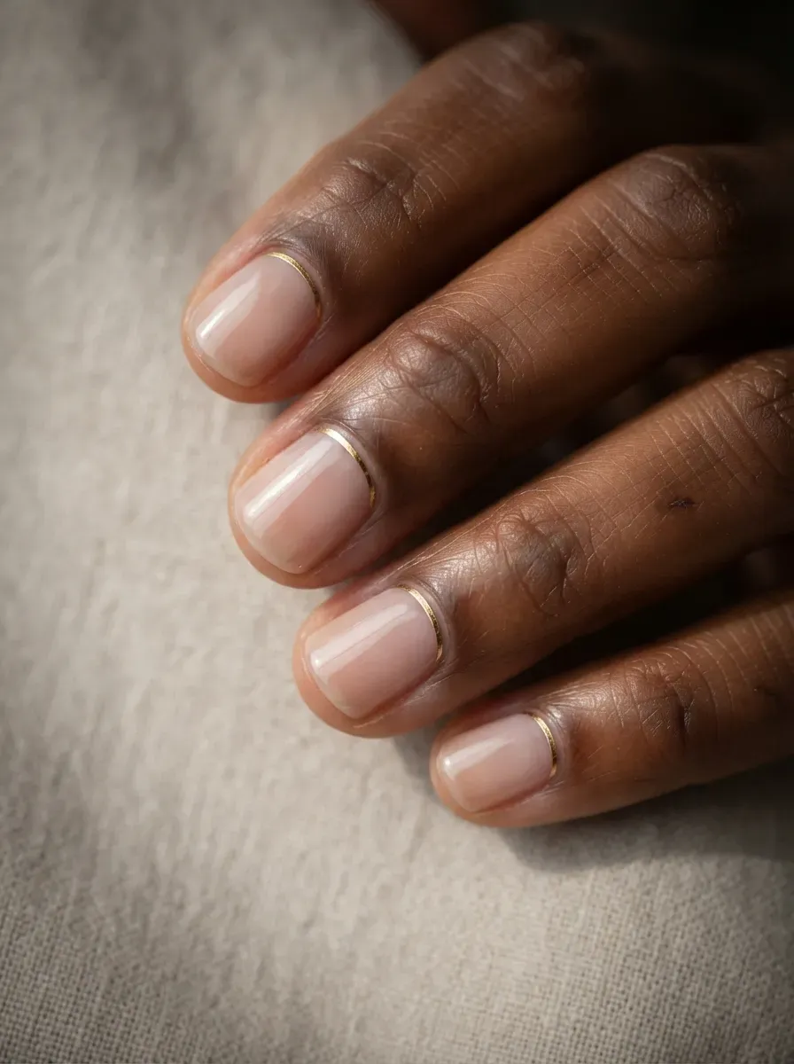 Close up of short clear nails with a fine gold cuticle stripe on rich dark skin