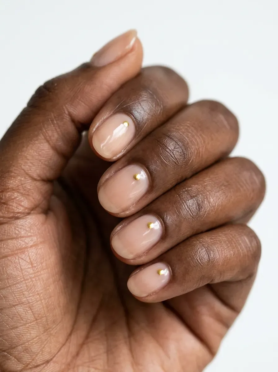 Short oval nails in sheer nude with one gold dot floating on each