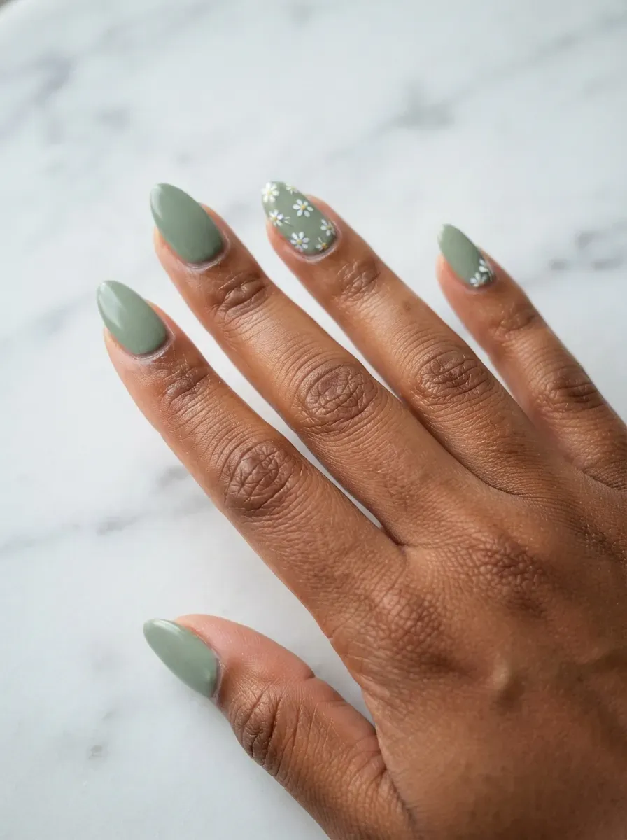 Close-up of almond nails in sage green with tiny floral accent nails