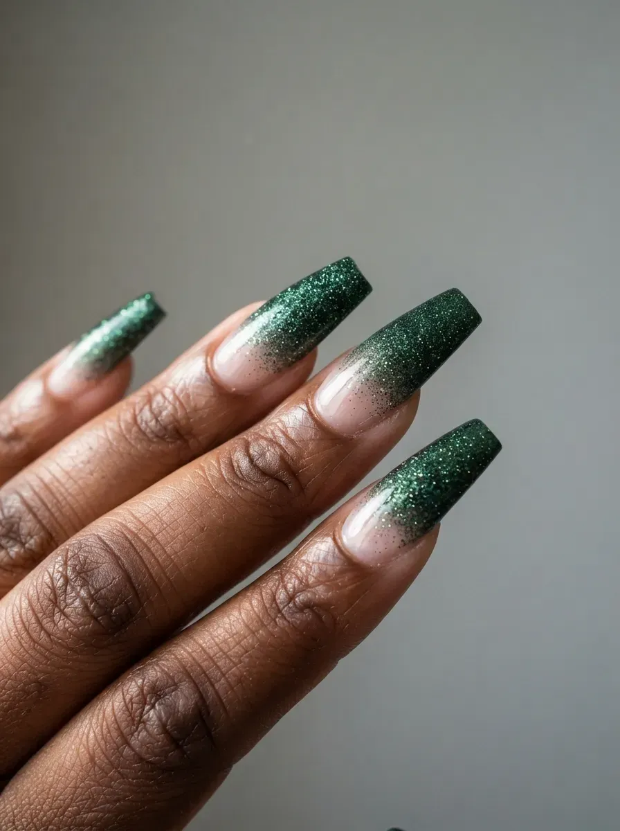 Close-up of long coffin nails with forest green glitter gradient on deep chestnut skin