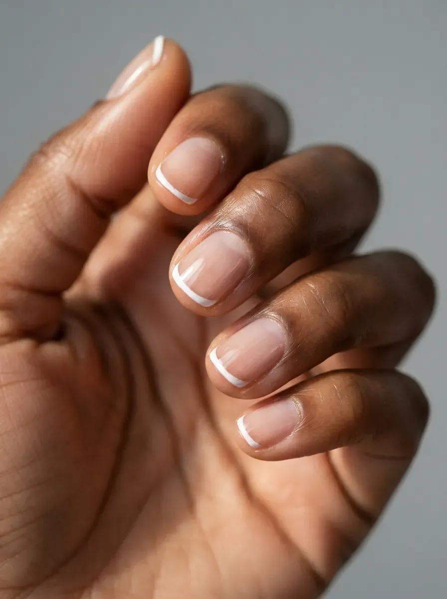 Close up of short nails with hairline micro french tips on deep brown skin
