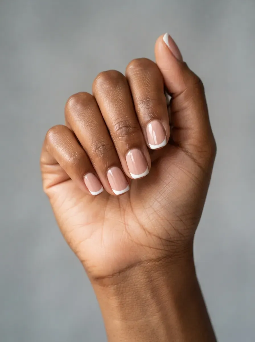 Close up of short french tip nails over a blush pink base on warm brown skin