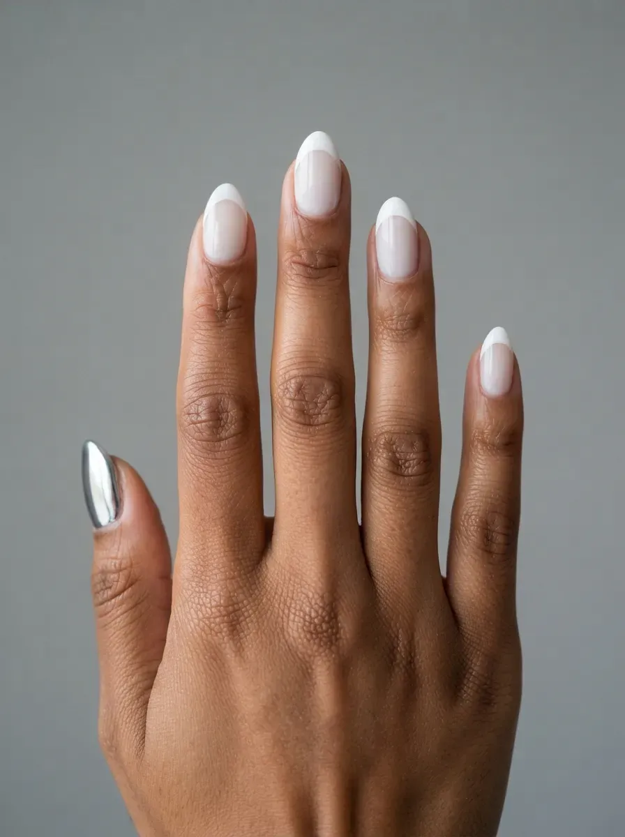 Close-up of almond nails with French tips and silver chrome accent