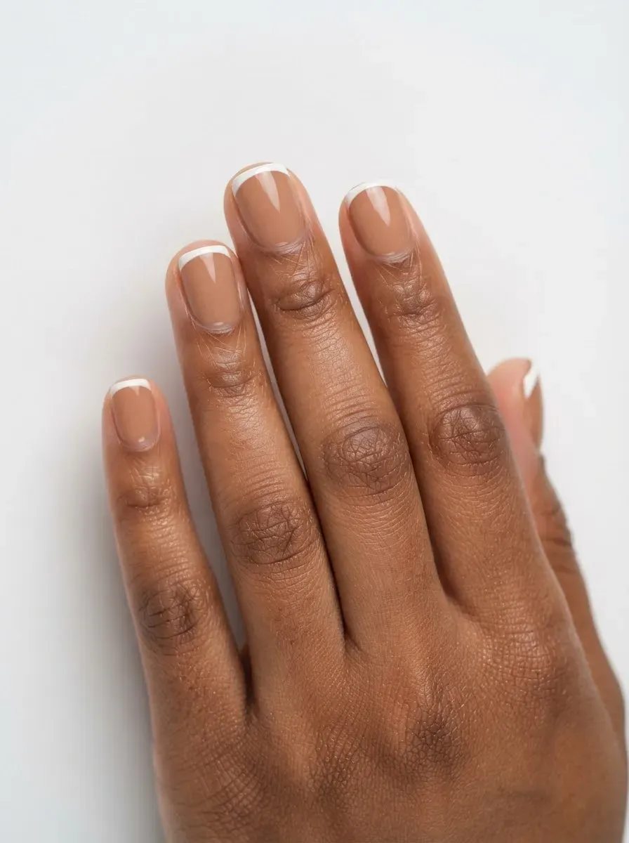 Close up of short french tip nails over a skin-tone base on warm brown skin