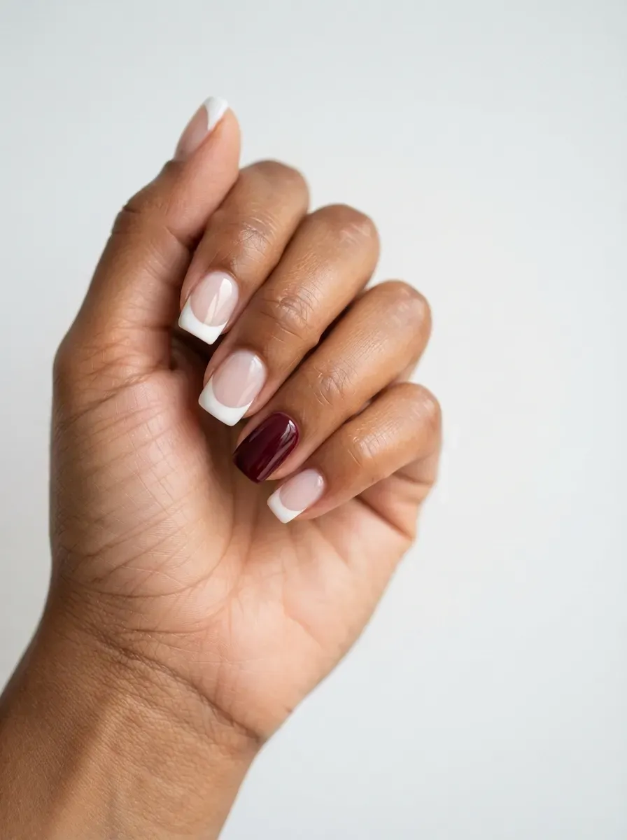 Close-up of square nails with French tips and one solid burgundy accent nail