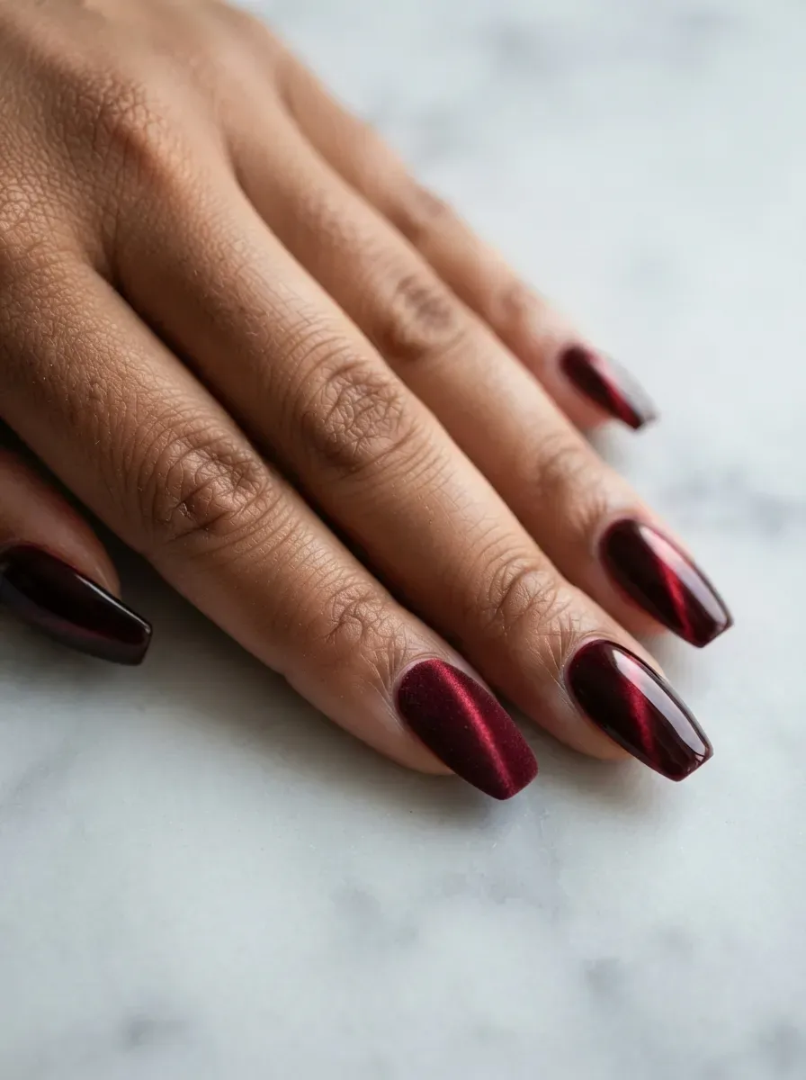 Coffin nails with garnet cat-eye polish and one velvet ring finger on warm brown skin