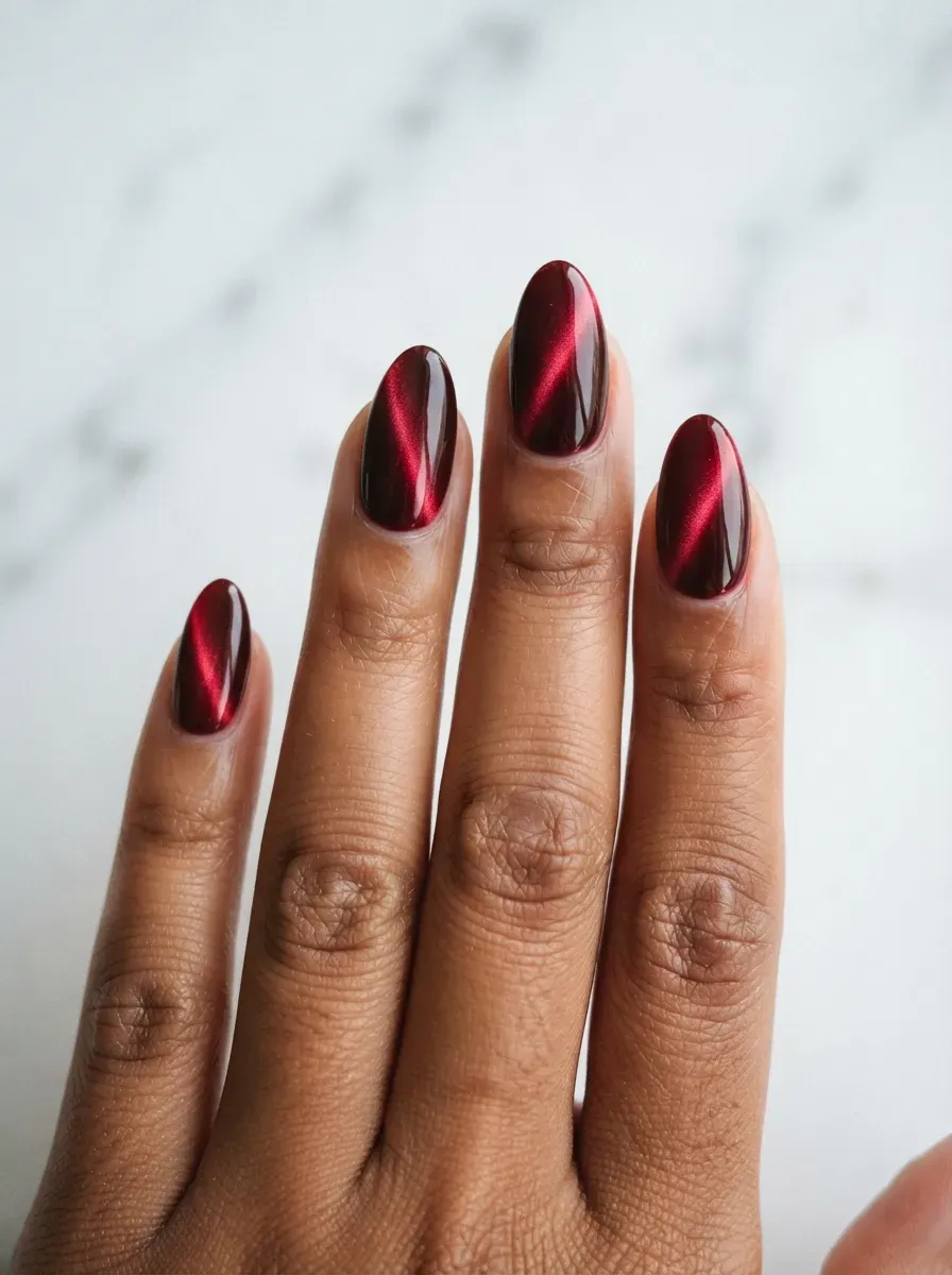 Almond nails with garnet cat-eye ombre polish fading deep to bright on warm brown skin
