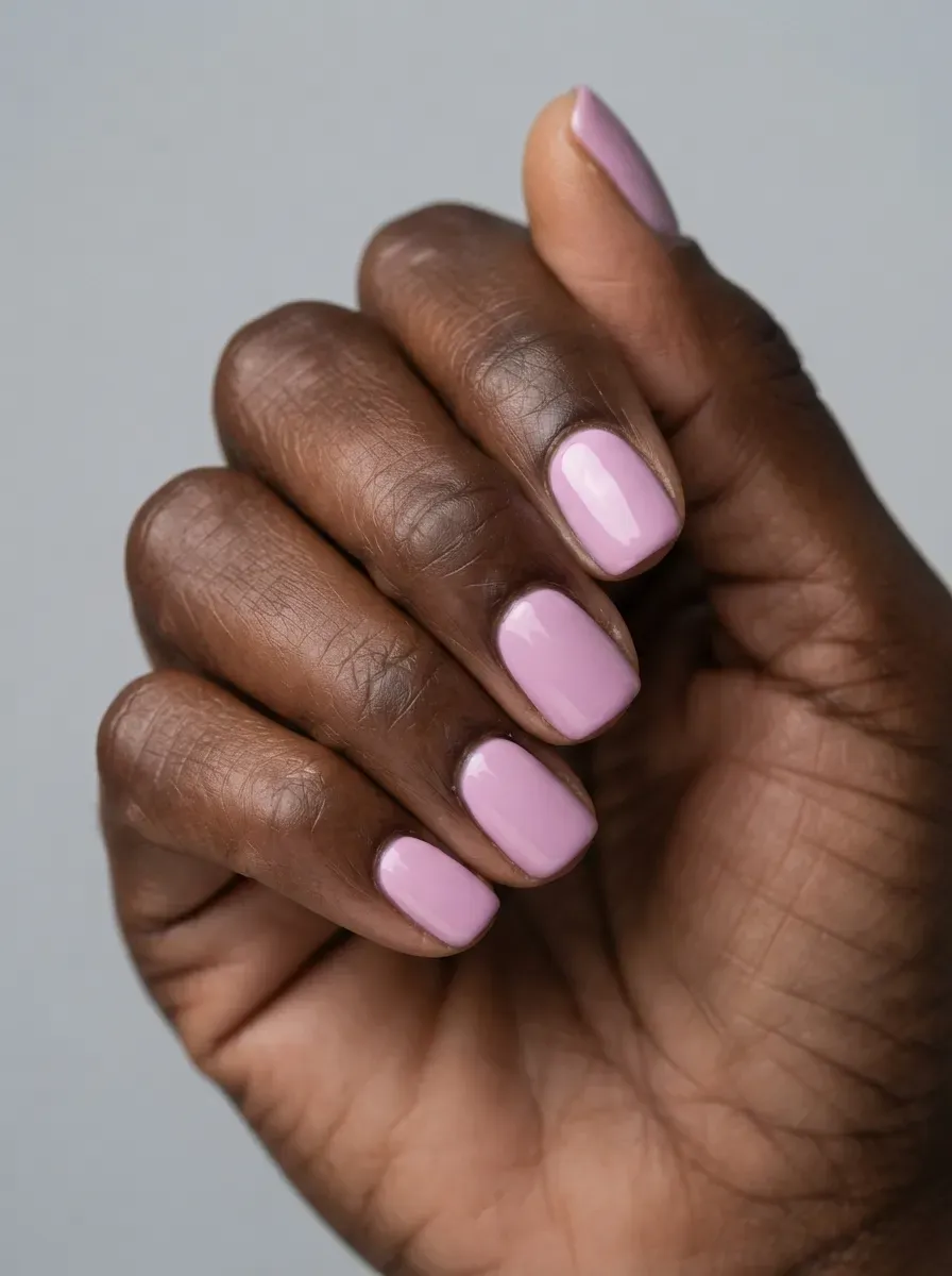 Close up of short squoval nails in gentle lavender polish with glossy finish