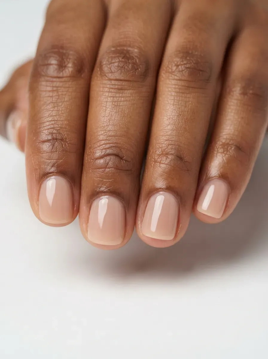 Close up of short round nails in sheer neutral polish with glazed glass shine
