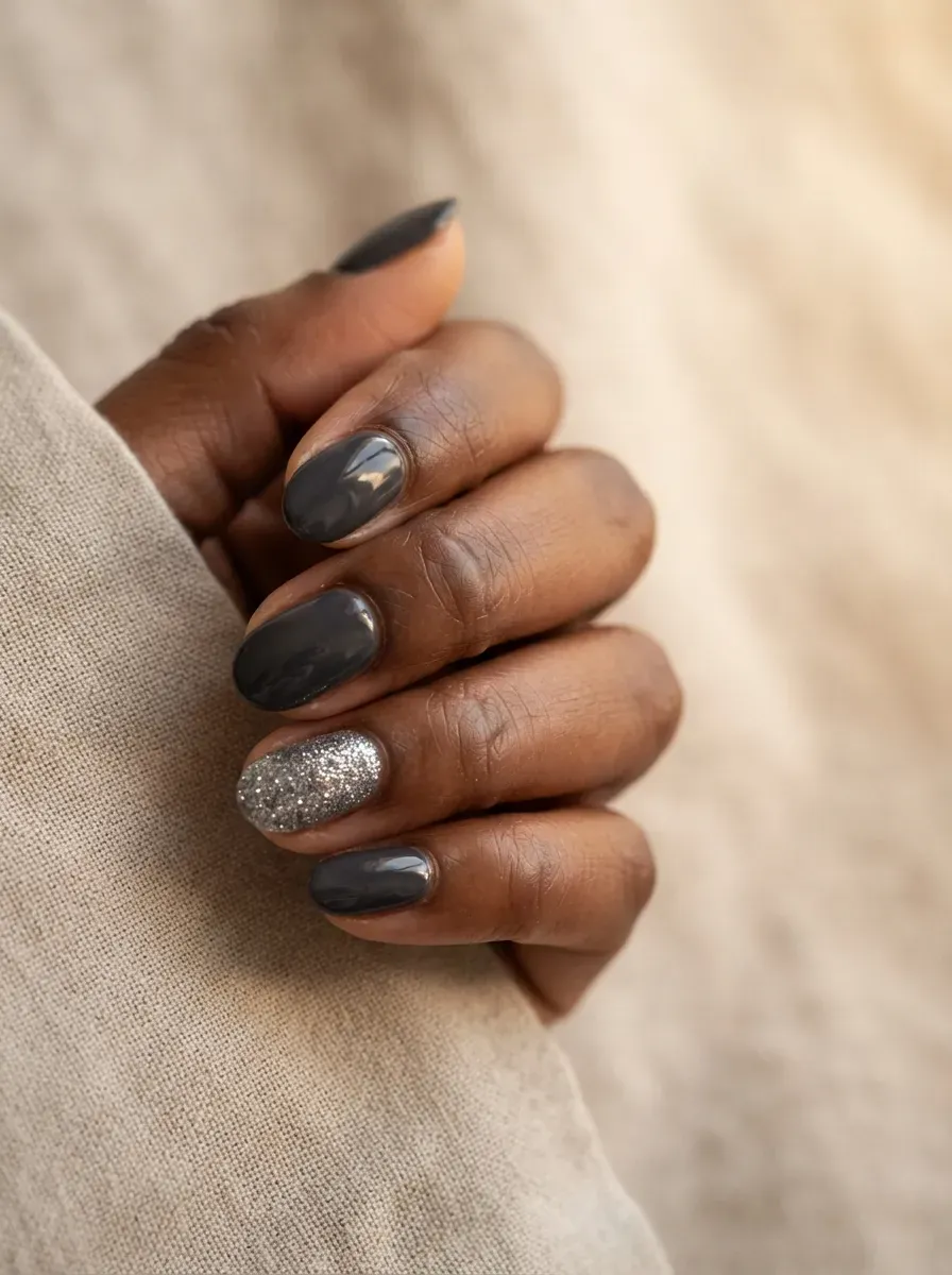 Close-up of oval nails in charcoal with silver glitter accent nails