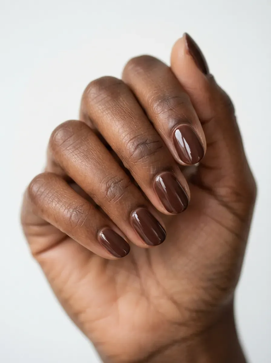 Close up of short almond nails with glossy cocoa brown polish on deep brown skin