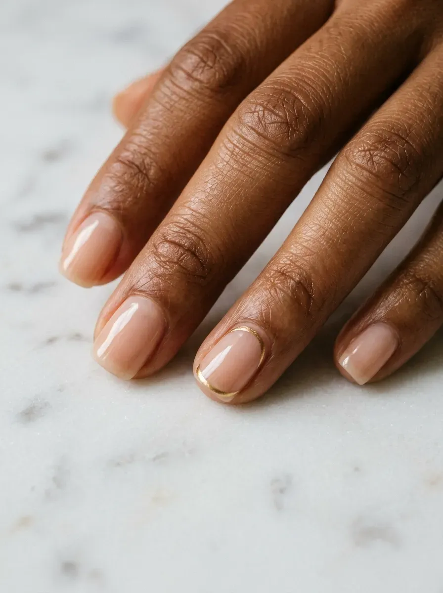 Short squoval nude nails with a fine gold arch on the ring finger