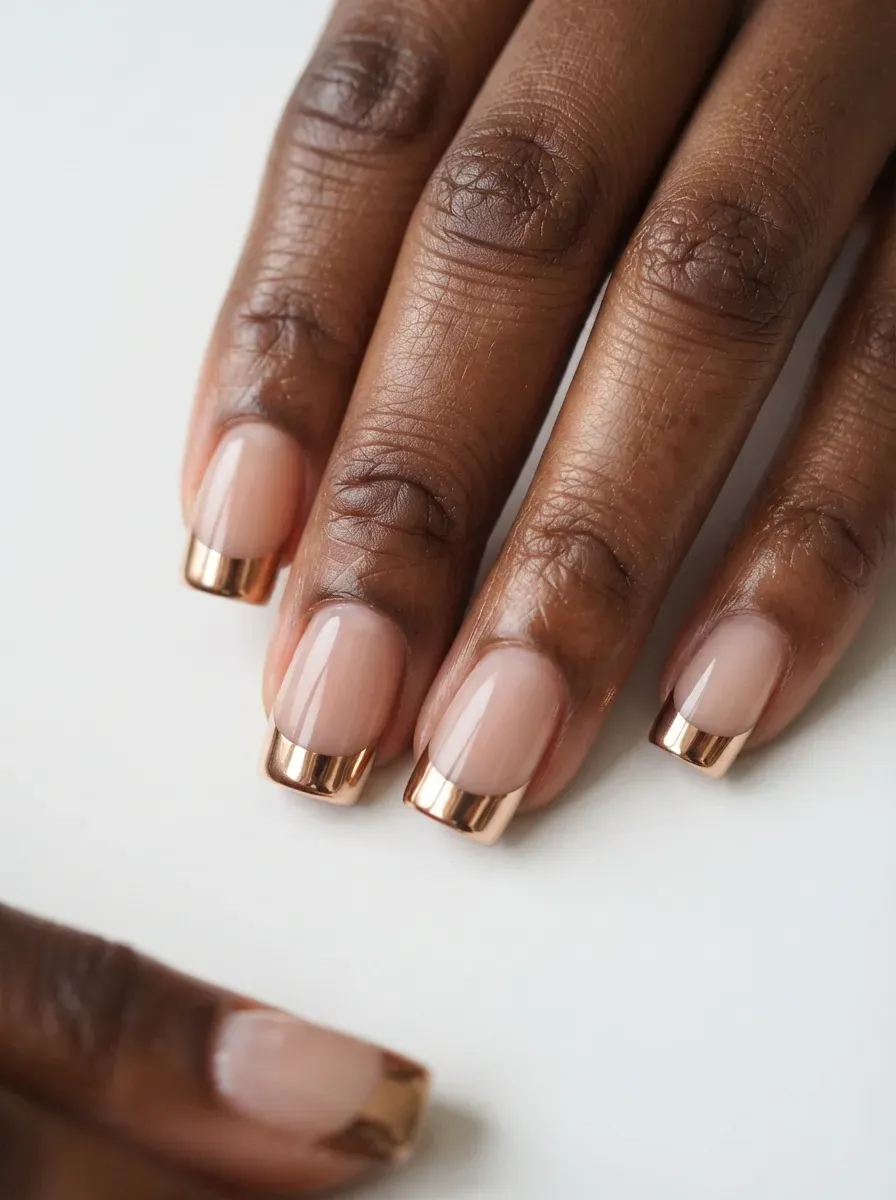 Close-up of medium square nails with golden bronze chrome tips on rich dark skin