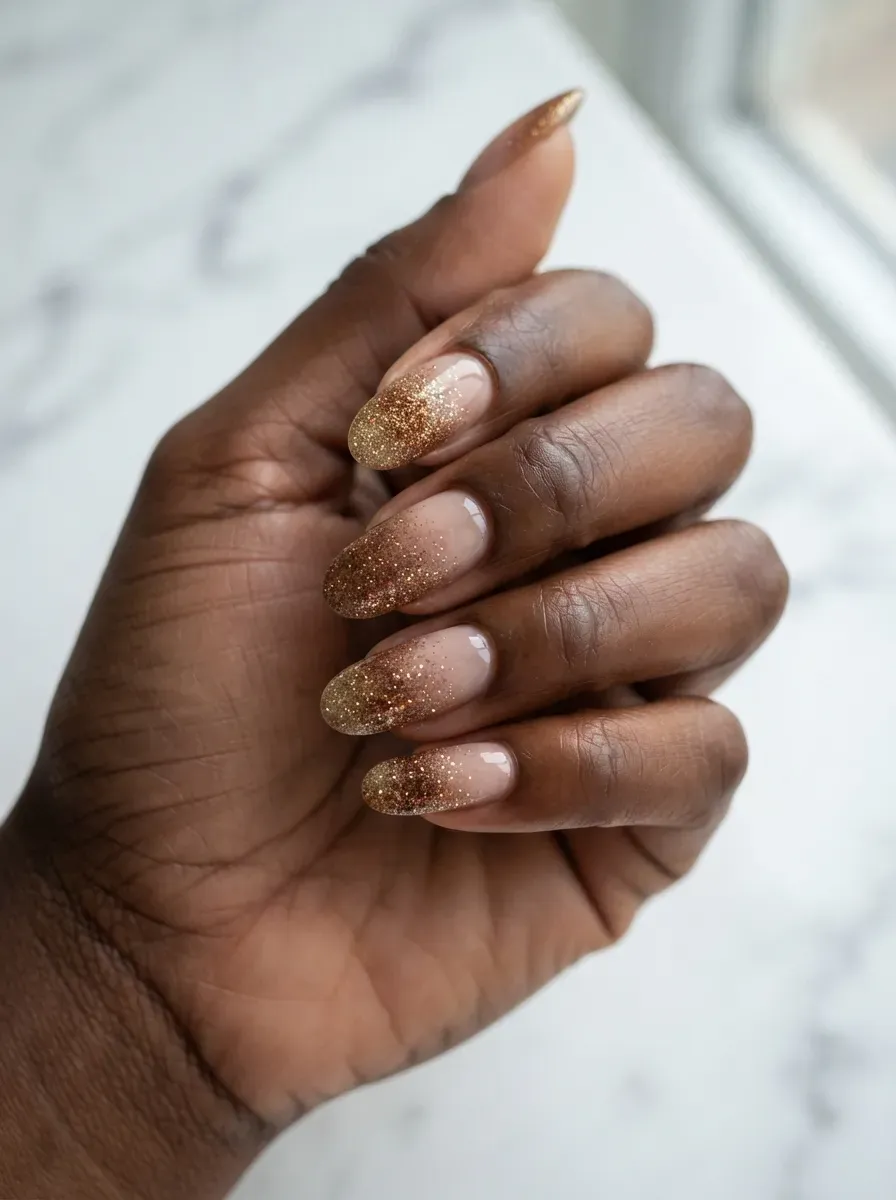 Close-up of long oval nails with golden harvest glitter fade on deep chestnut skin
