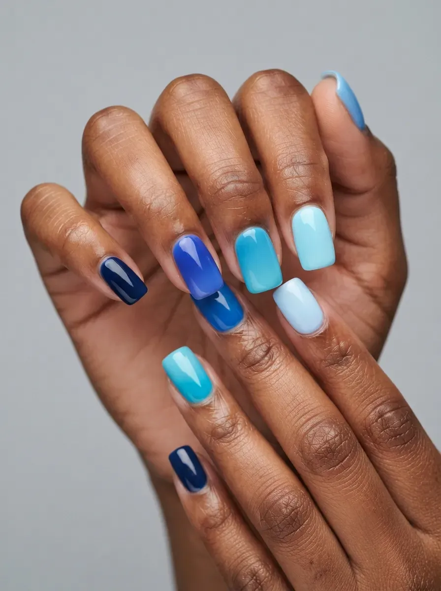 Close-up of square nails in gradient blues from navy to sky