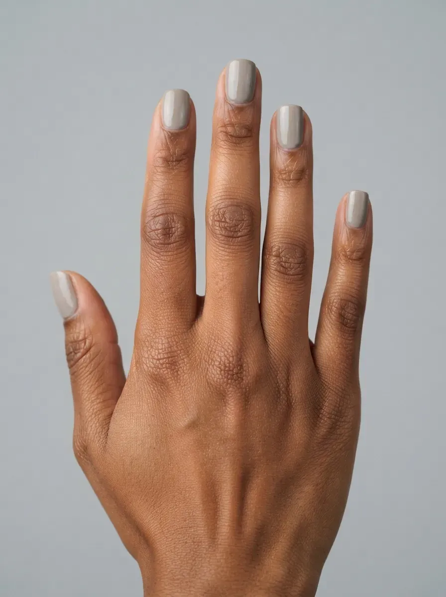 Close up of short squoval nails with greige cream polish on warm brown skin