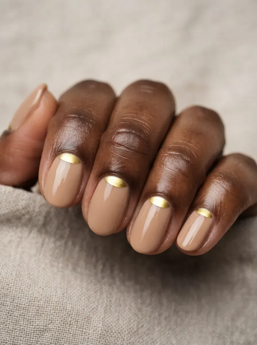 Close-up of oval nails in nude with gold half-moon accent nails