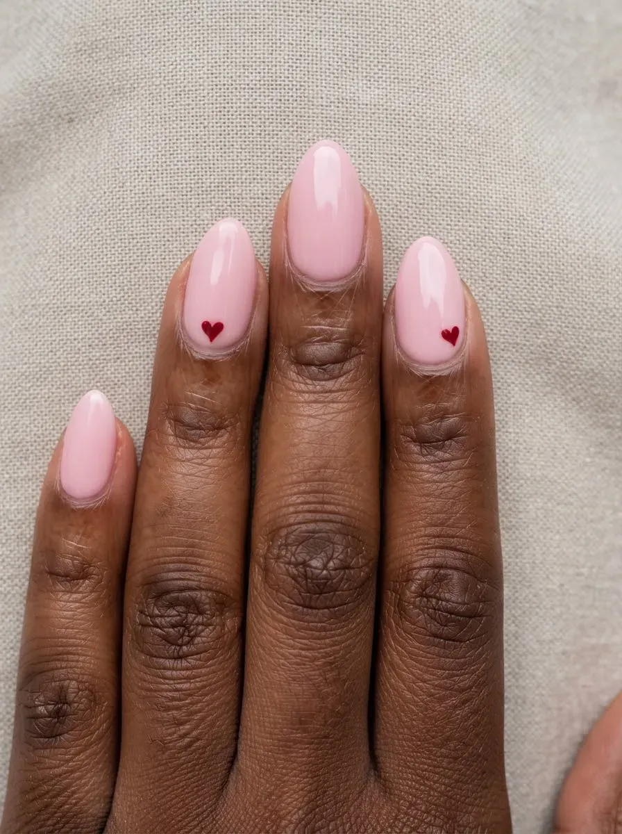 Close-up of almond nails in pink with tiny red heart accent nails