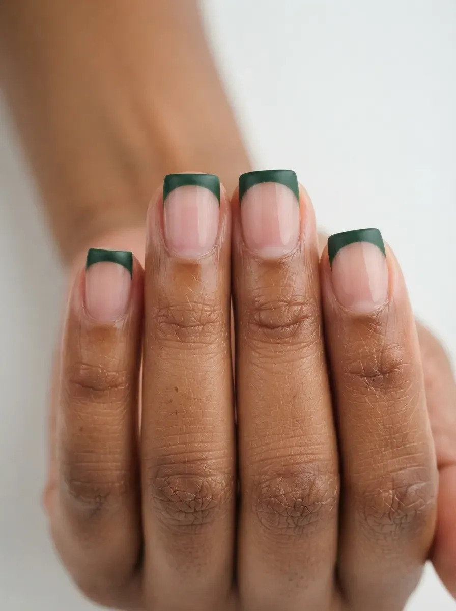 Close-up of short square nails with hunter green french tips on brown skin
