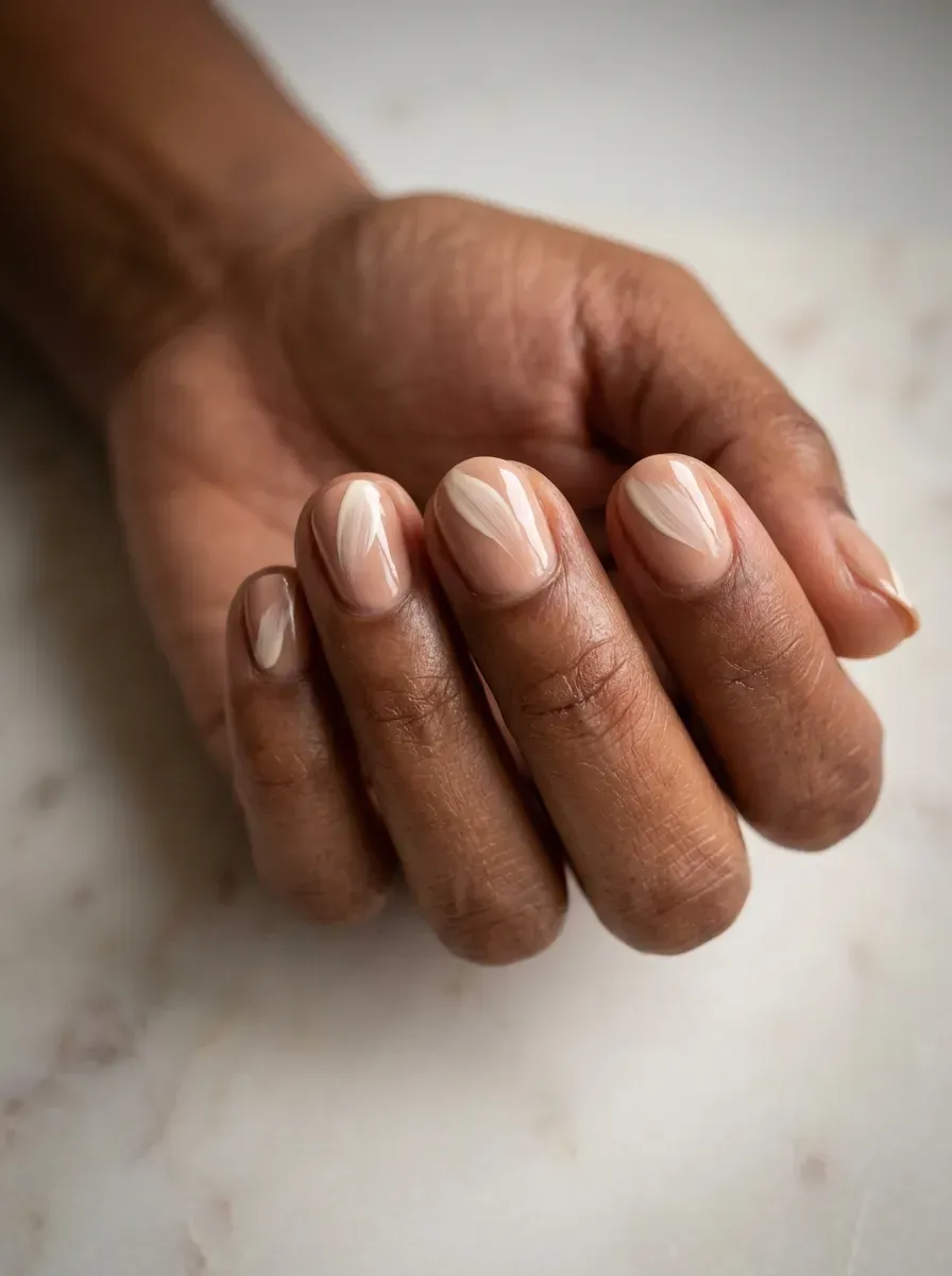 Short round nails in nude with one ivory petal brush stroke on each