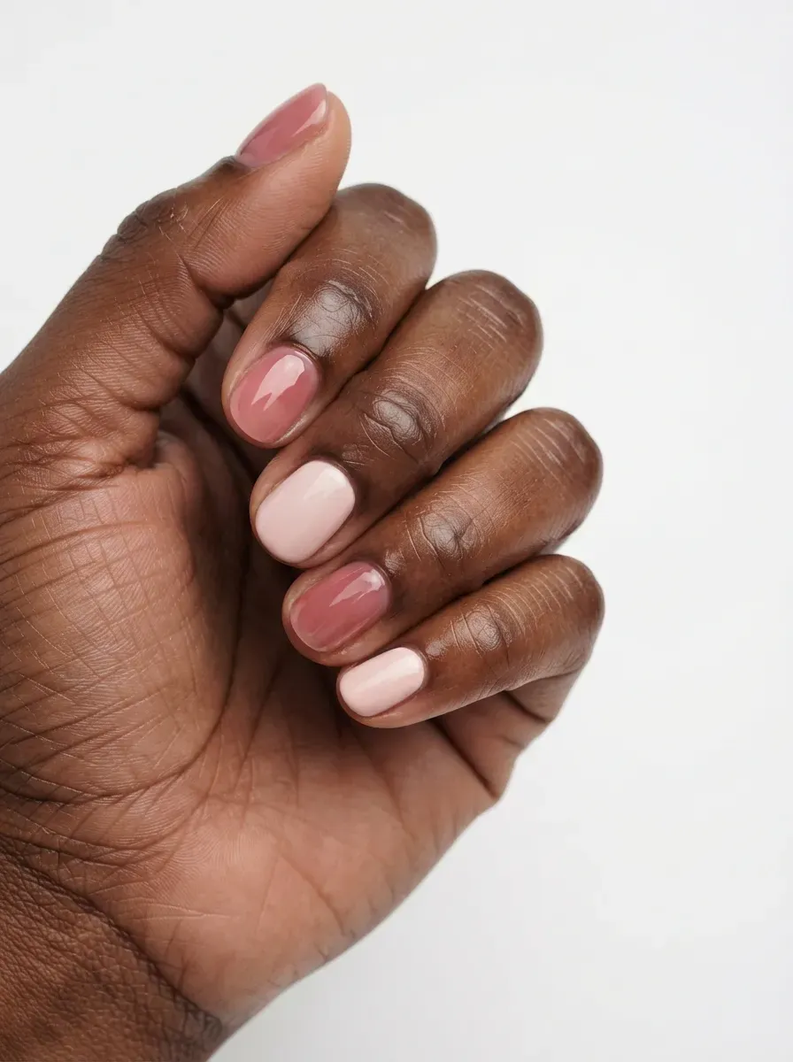 Close-up of round nails alternating sheer jelly and opaque cream polish