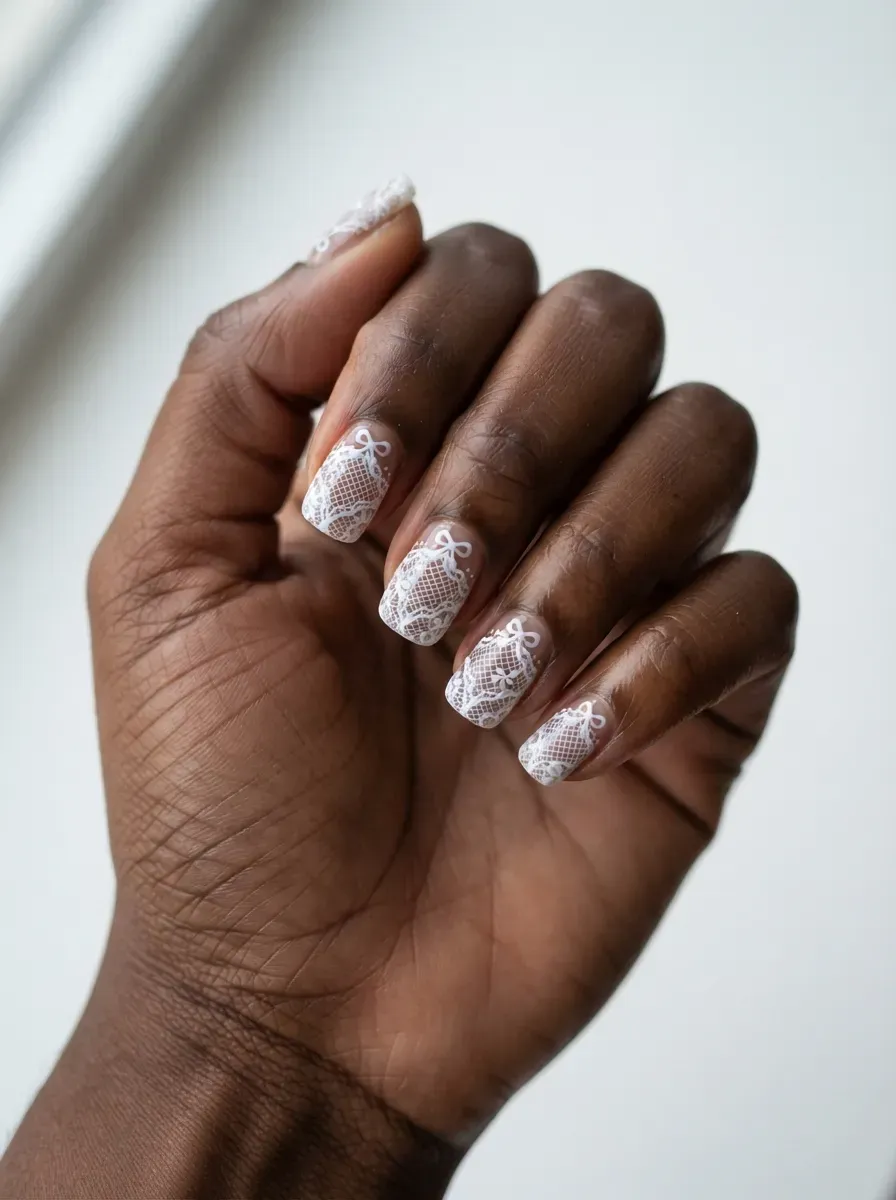 Close-up of squoval nails with white lace and tiny painted bow on rich dark skin