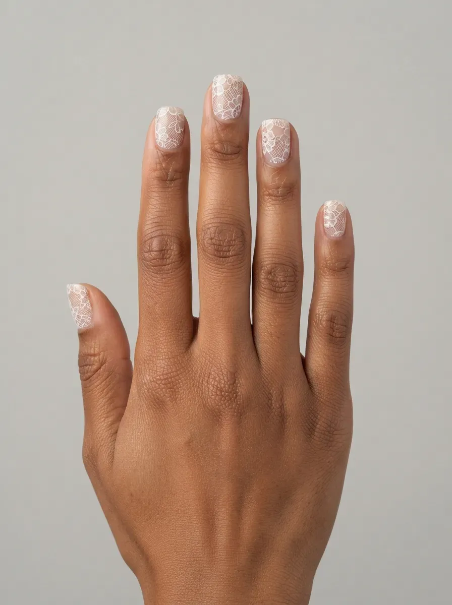 Close-up of short squoval nails with scaled white lace on brown skin with warm undertones