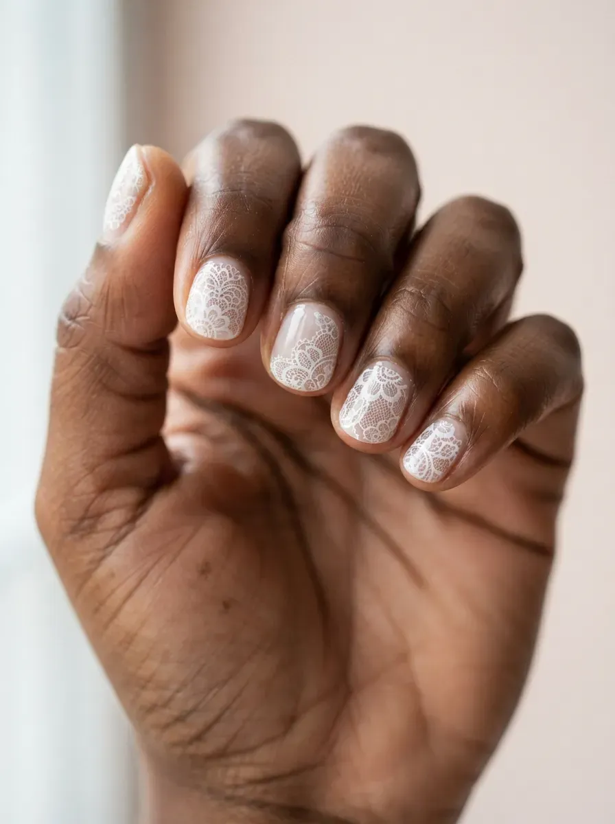 Close-up of short round nails with white lace water decals on deep brown skin