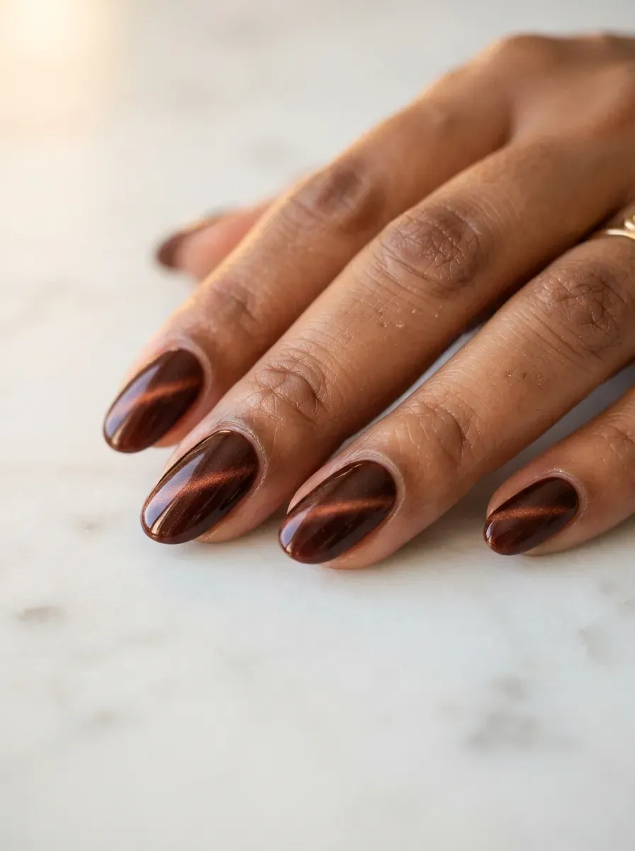 Oval nails with mahogany cat-eye polish and diagonal light stripe on warm brown skin