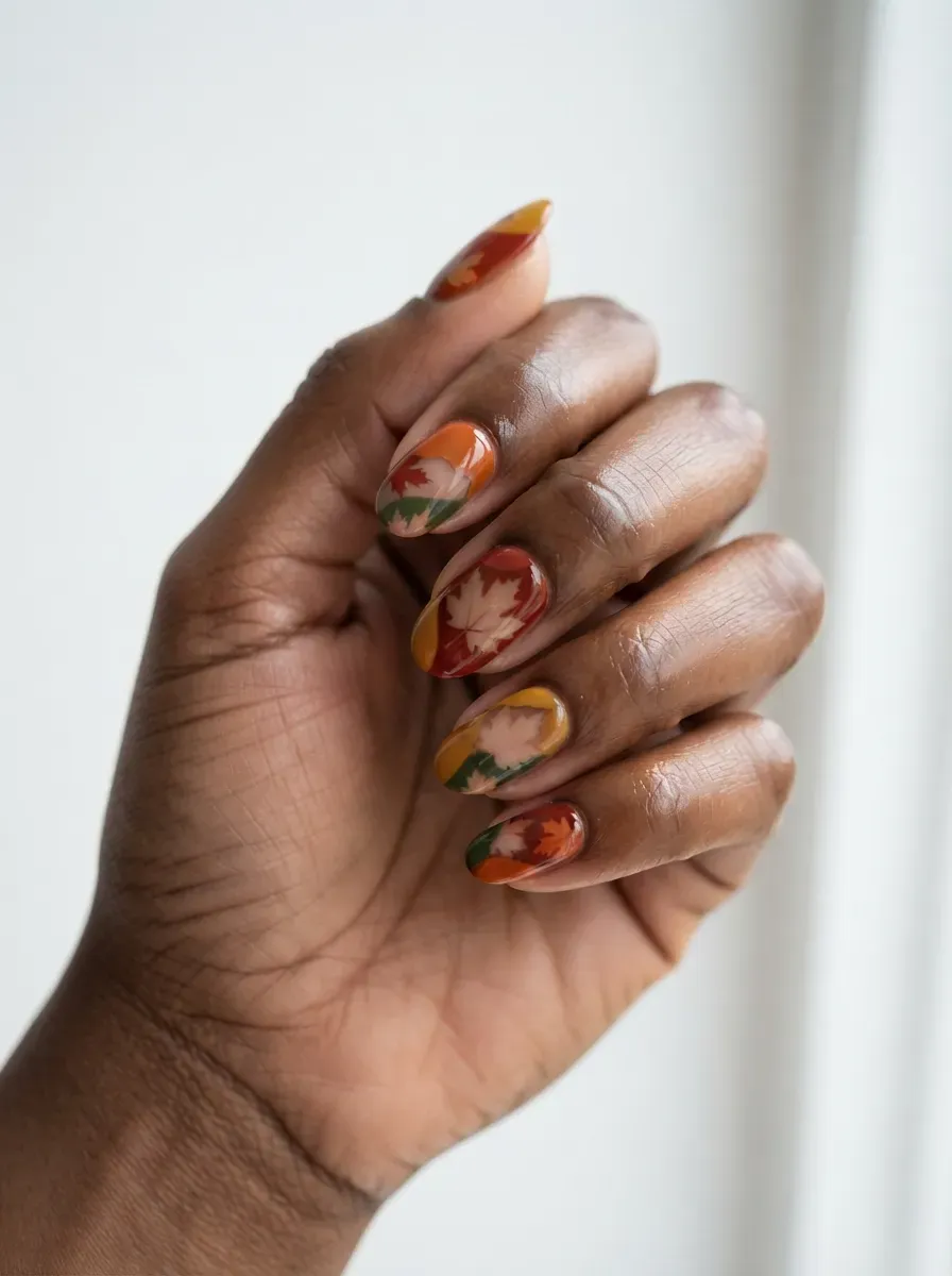 Close-up of medium oval nails with maple leaf negative space design on warm brown skin