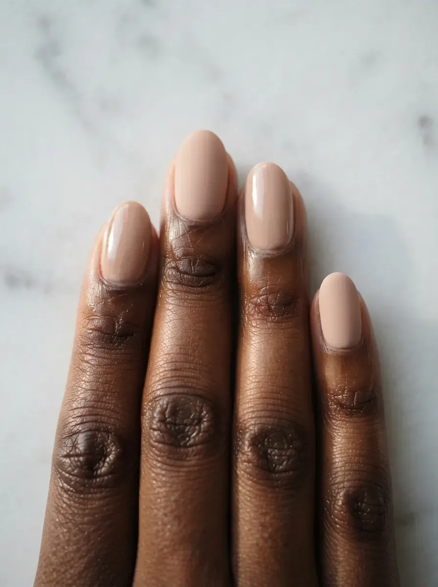 Close-up of oval nails alternating matte and gloss nude polish finishes