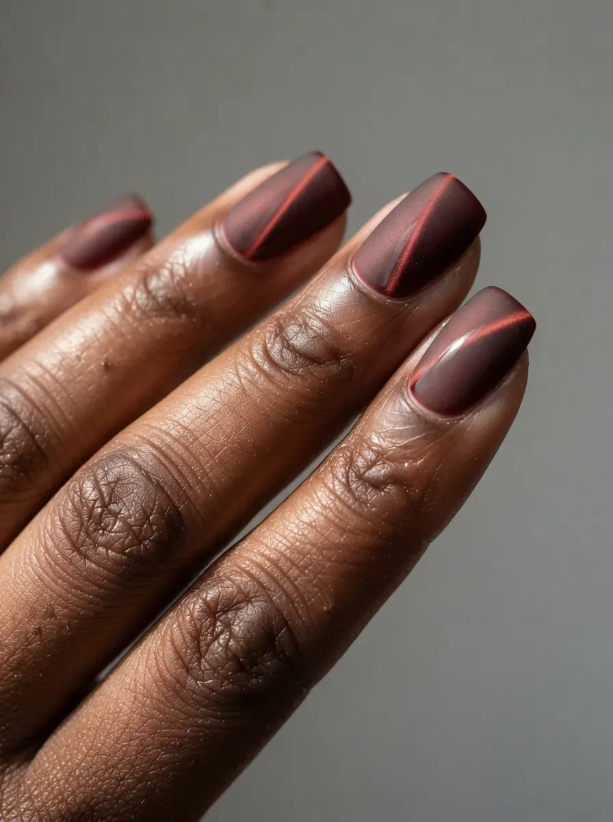Squoval nails with matte mahogany cat-eye polish and glossy stripe on deep brown skin