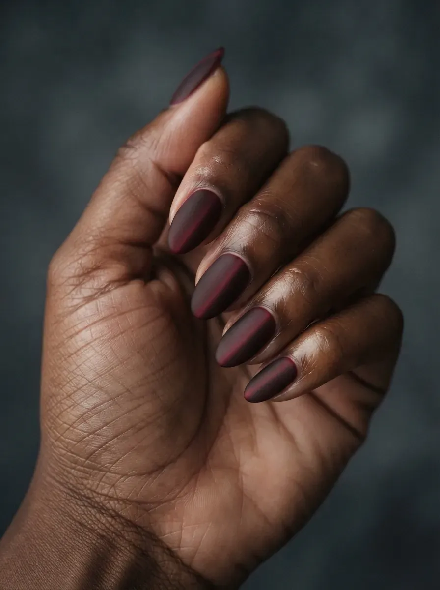 Almond nails with matte smoked bordeaux cat-eye polish and glowing stripe on deep brown skin