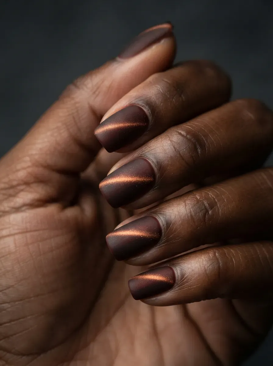 Short squoval nails with matte mahogany cat-eye polish and glowing stripe on dark skin