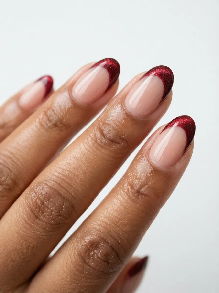 Oval nails with sheer base and merlot cat-eye french tips on warm brown skin