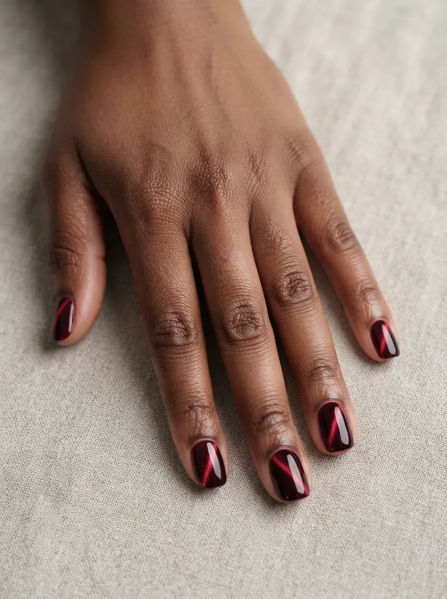 Short squoval nails with merlot cat-eye polish and side stripe on deep chestnut skin