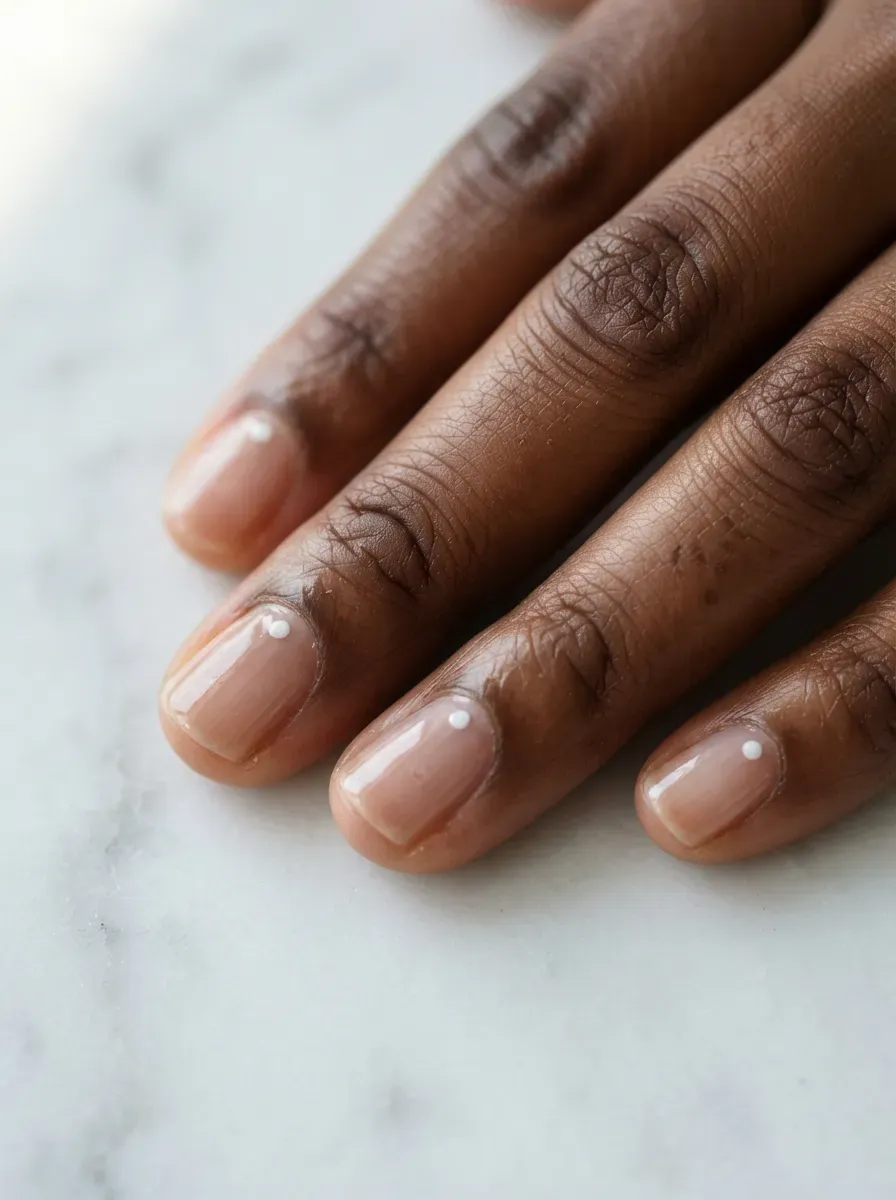 Close up of short sheer nails with one tiny dot accent on rich brown skin