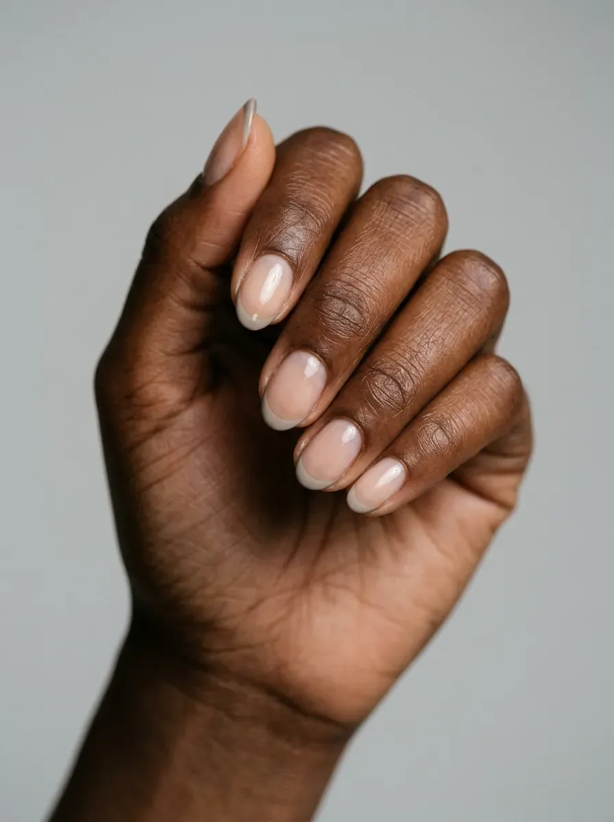 Short almond nails with ultra-thin greige French tips on nude