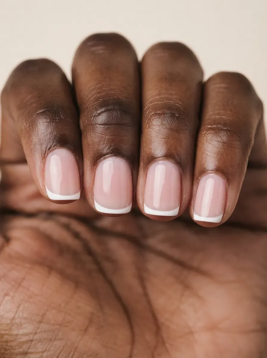Close up of short nails with sheer pink polish and hairline white micro French tips