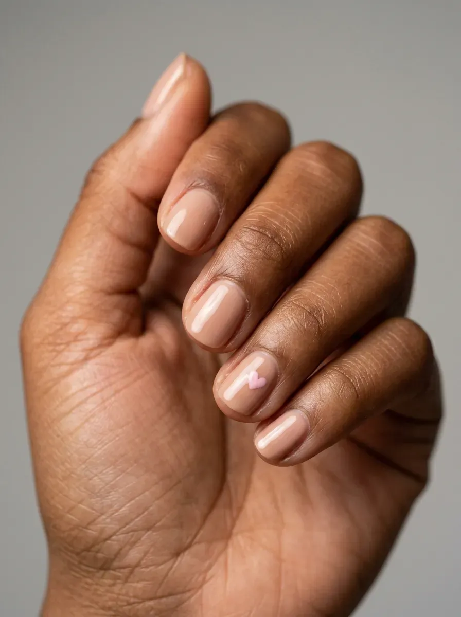 Short round nails in nude with a tiny soft pink heart on one nail