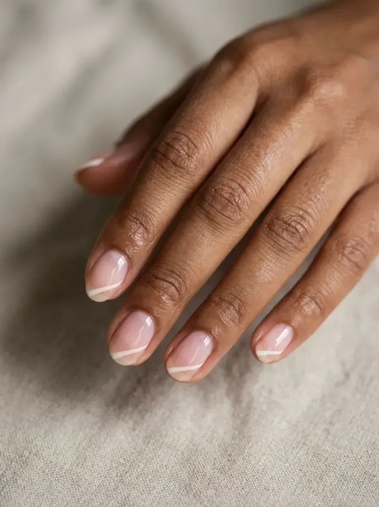 Short oval nails with a thin French line swept to one side
