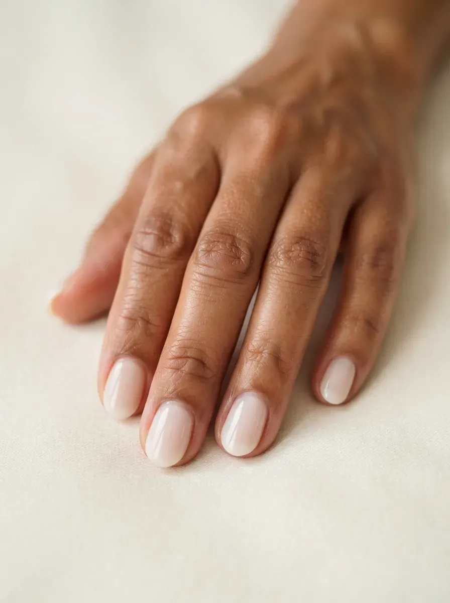 Close up of short oval nails in translucent milky white polish with glossy finish