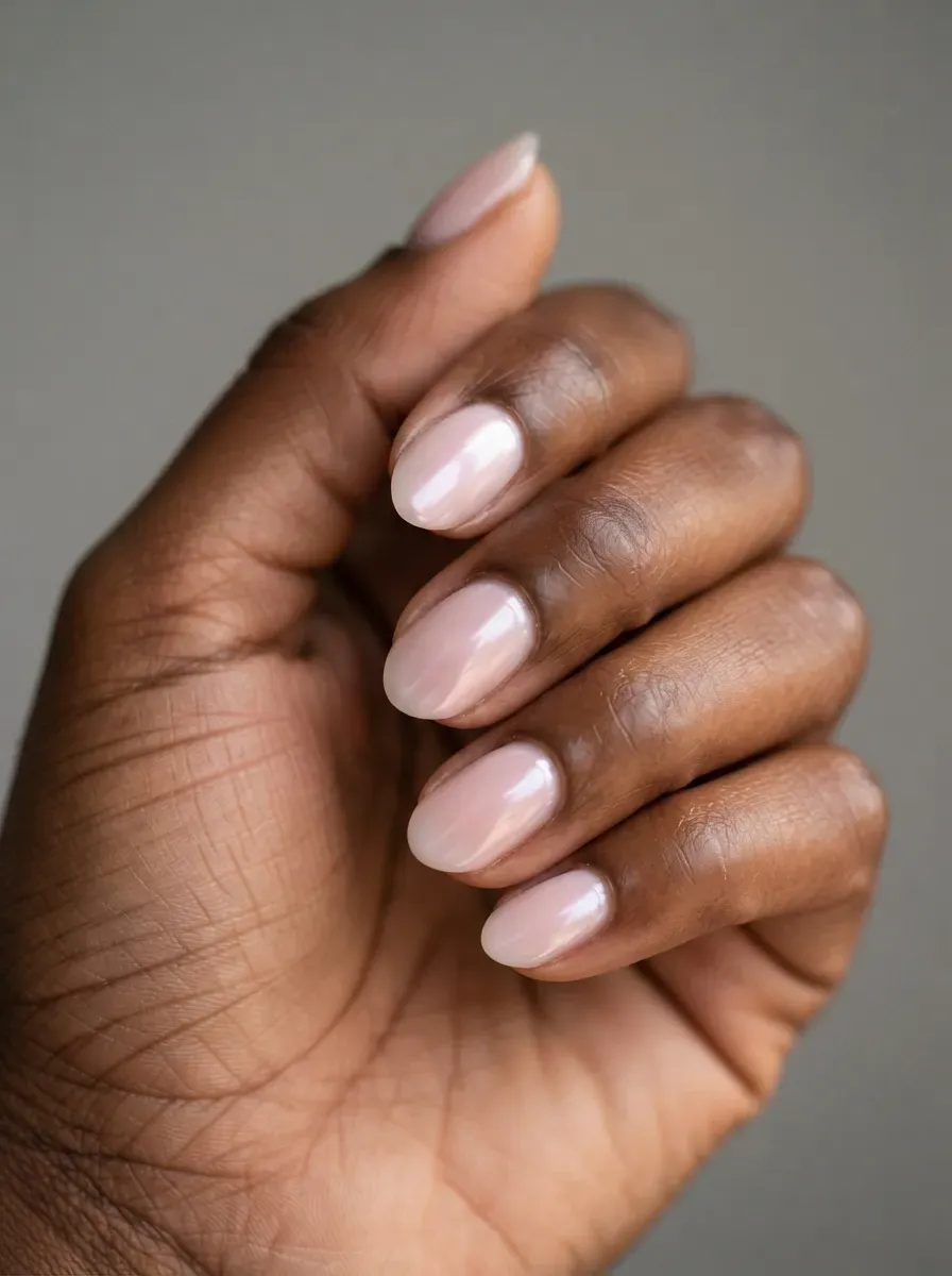 Close up of short almond nails with milky pink chrome veiled polish on deep brown skin