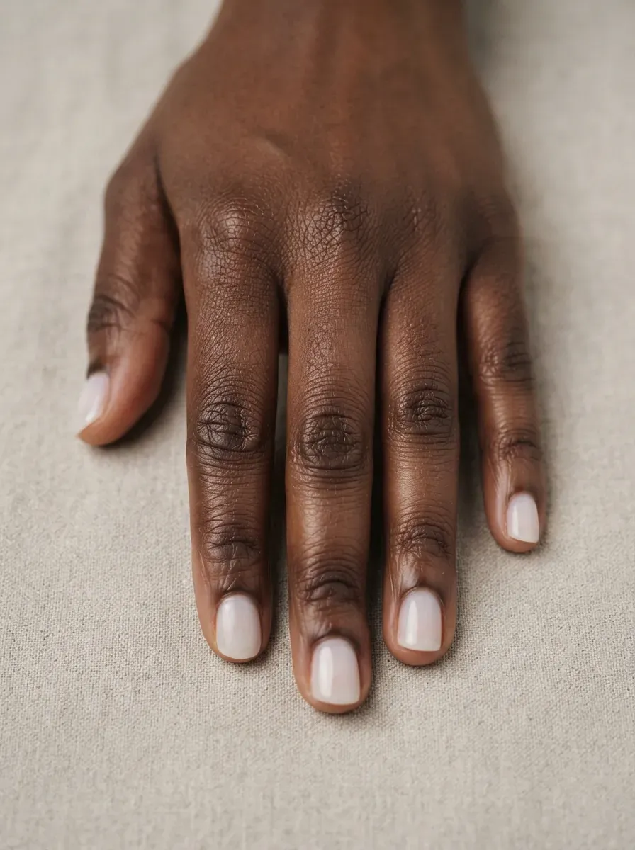 Close up of very short nails with a milky white tint on rich dark skin