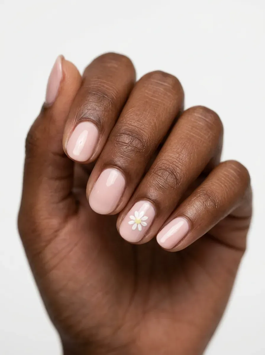 Short oval nails in blush with a tiny white daisy on one nail