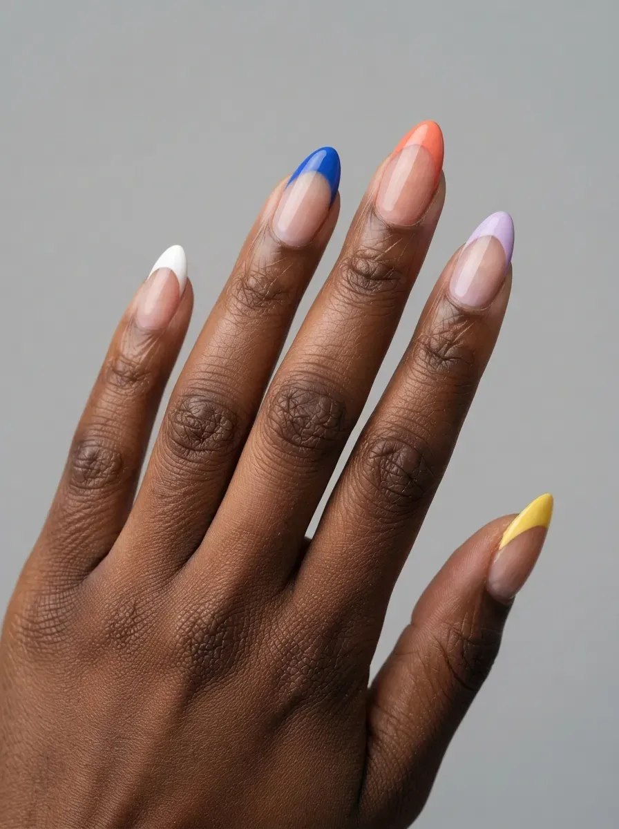 Close-up of almond nails with five different French tip shades on brown skin