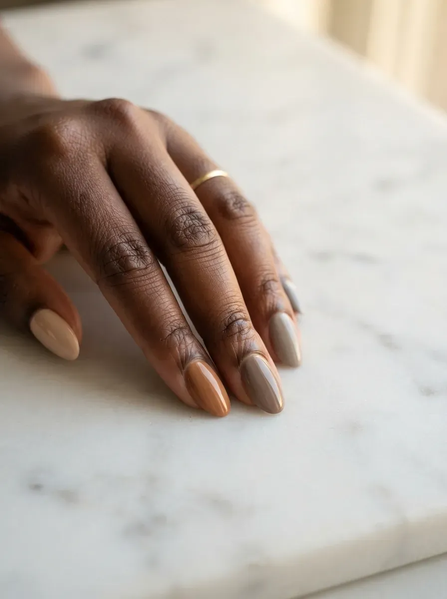 Close-up of oval nails in mixed beige taupe and gray neutrals
